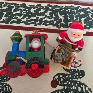 Set of 2 Christmas Tree Santa Ornament Figures Train 3 Wheeler